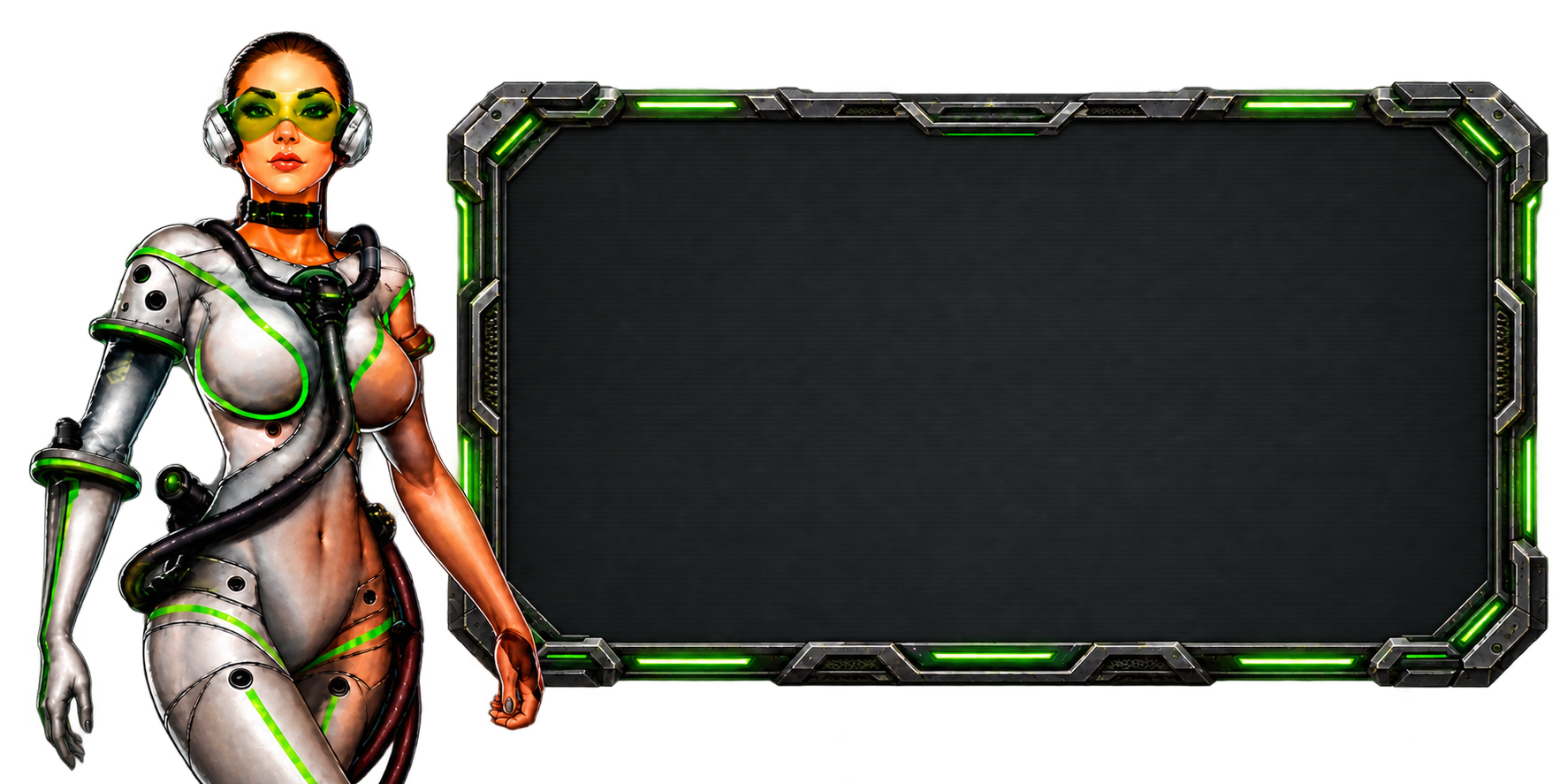 A pilot beside a green sci-fi briefing screen